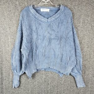 Big Water Blue Sky Sweater Women S Blue Acid Wash Ribbed Cotton Balloon Sleeve